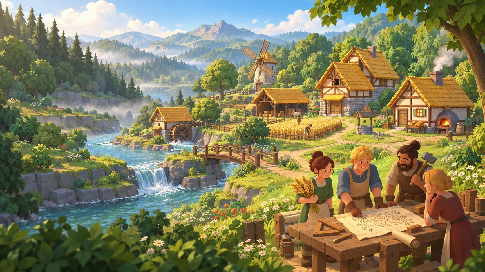 Loopshire concept art: villagers planning a settlement beside a river and watermill